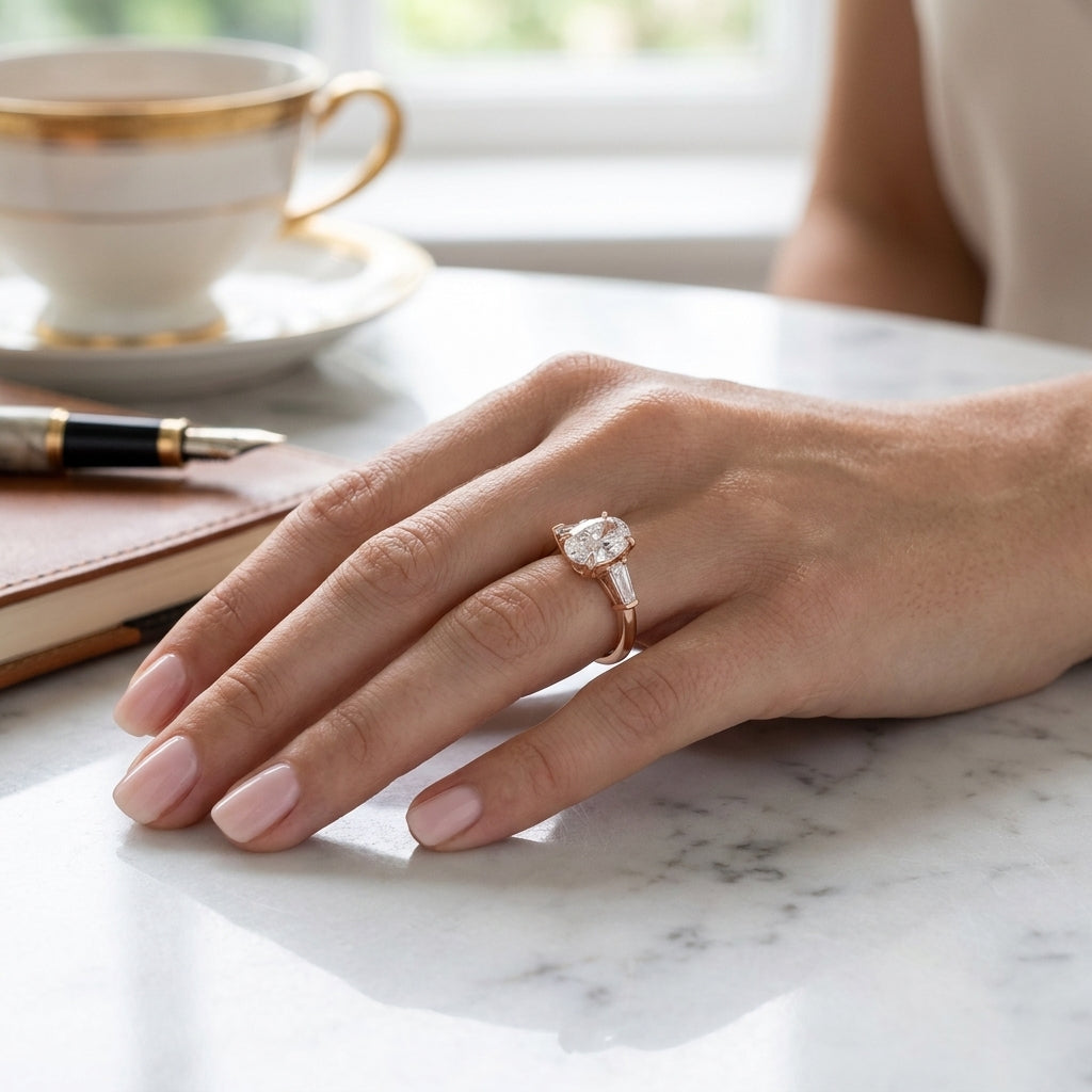 Vela – 2 Carat Oval Three Stone Tapered Baguette