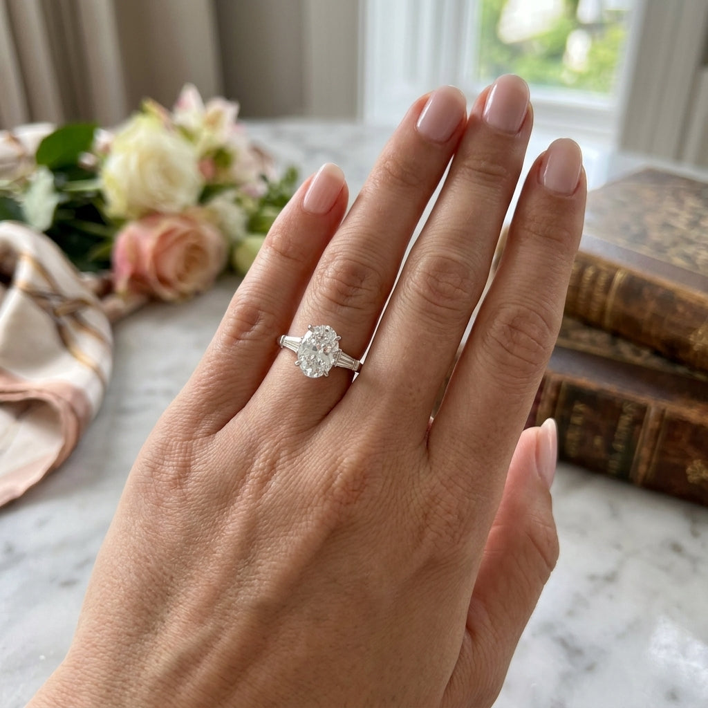 Vela – 2 Carat Oval Three Stone Tapered Baguette