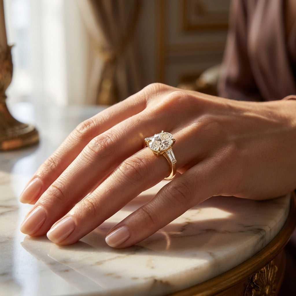 Vela – 2 Carat Oval Three Stone Tapered Baguette