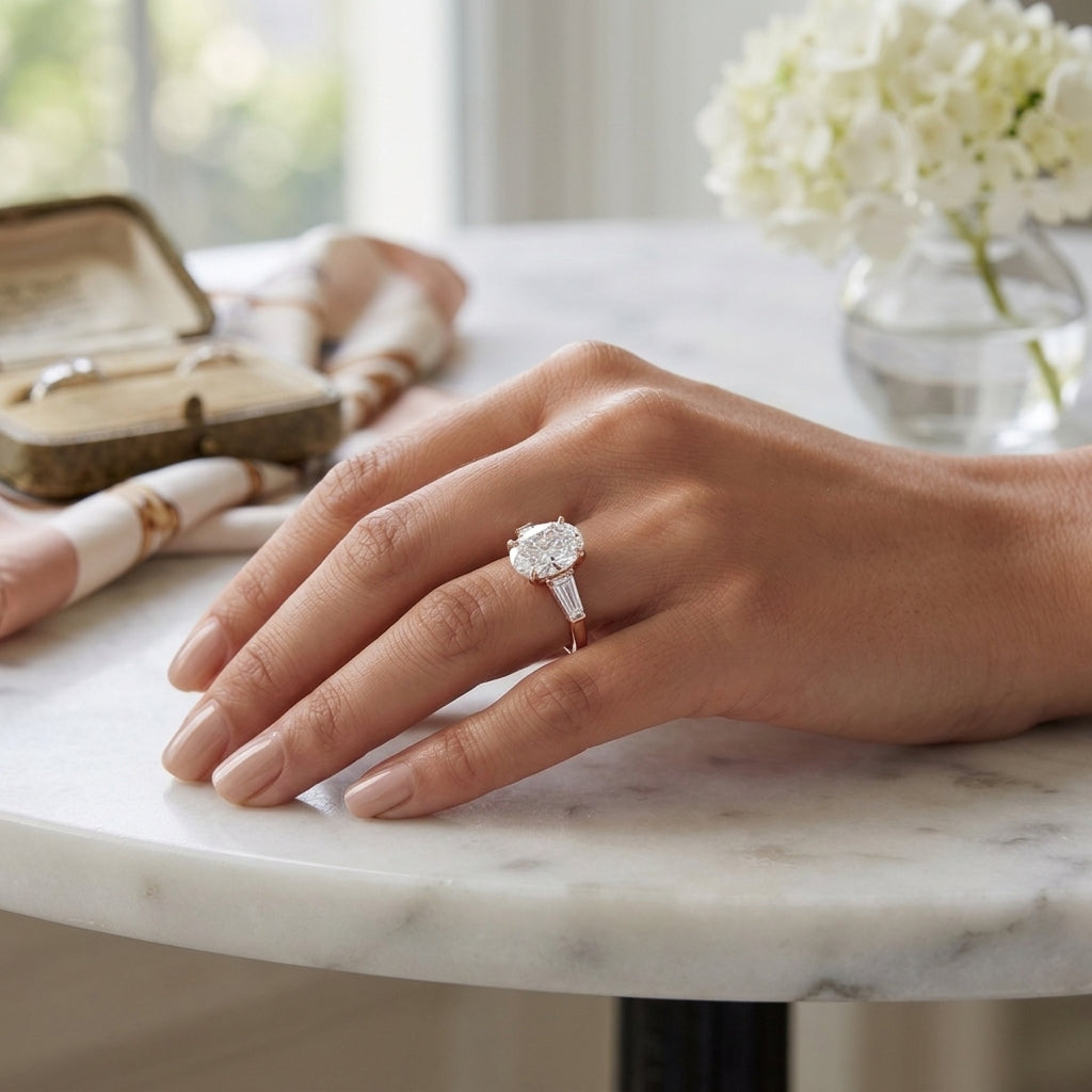 Vela – 3 Carat Oval Three Stone Tapered Baguette