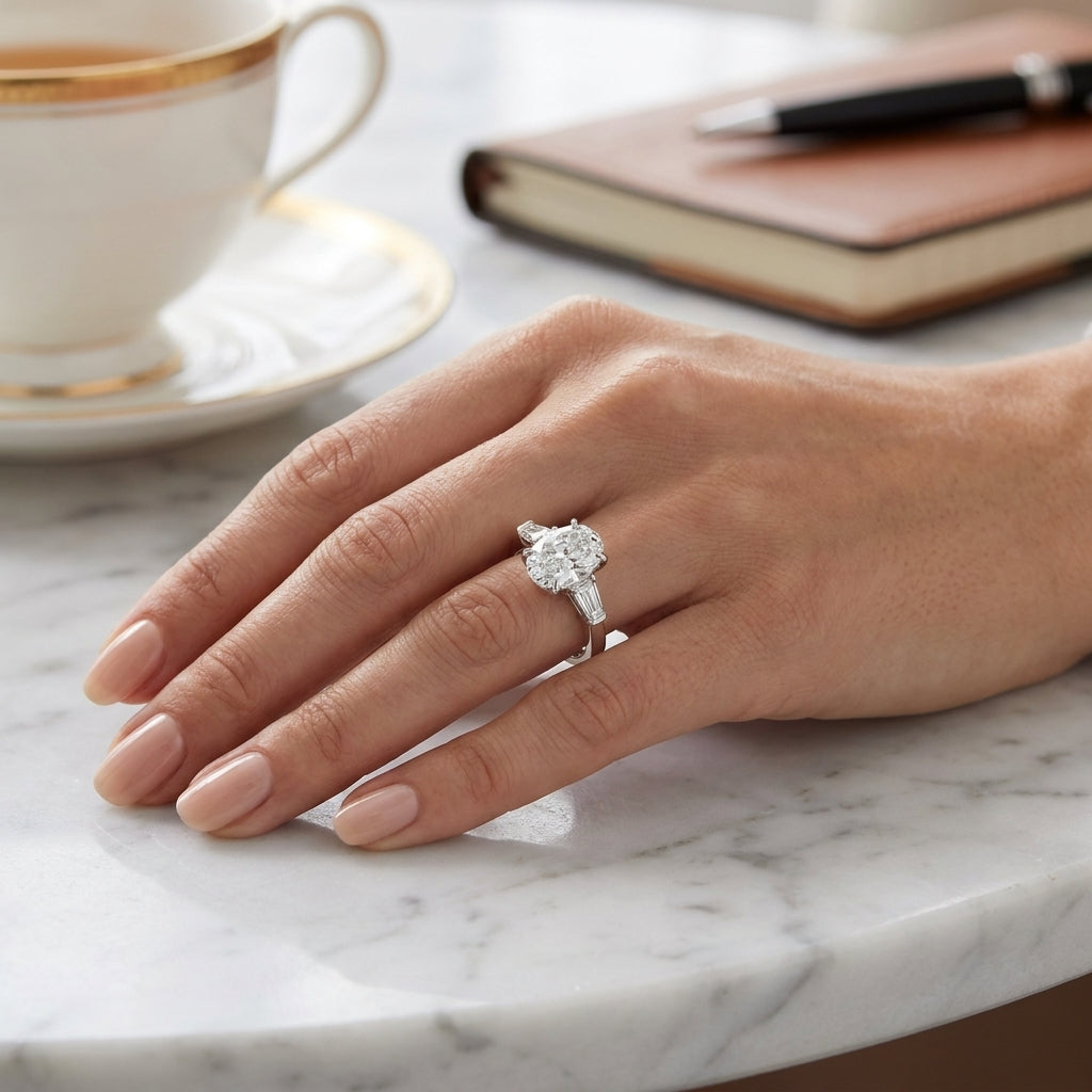 Vela – 3 Carat Oval Three Stone Tapered Baguette