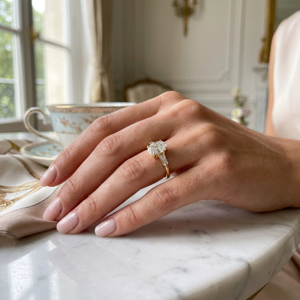 Vela – 3 Carat Oval Three Stone Tapered Baguette