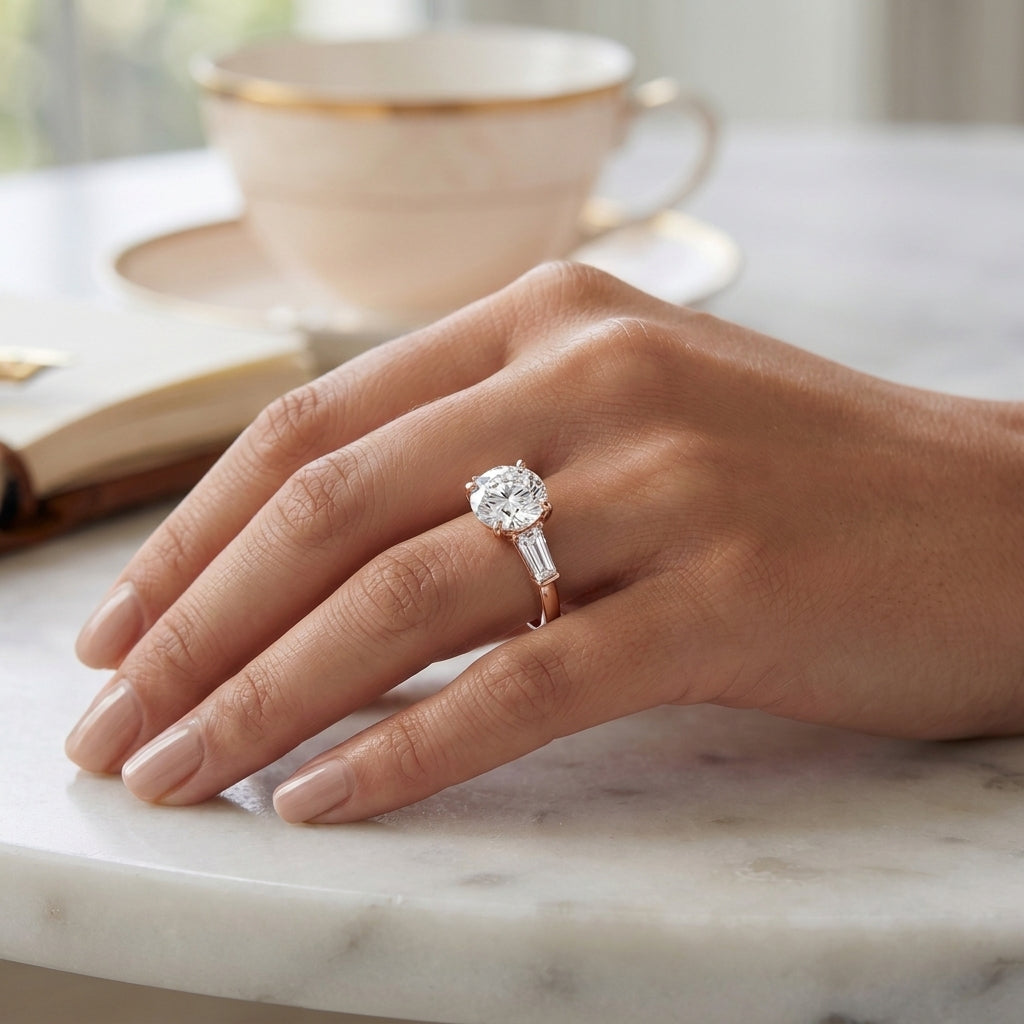 Vela – 2 Carat Round Three Stone Tapered Baguette