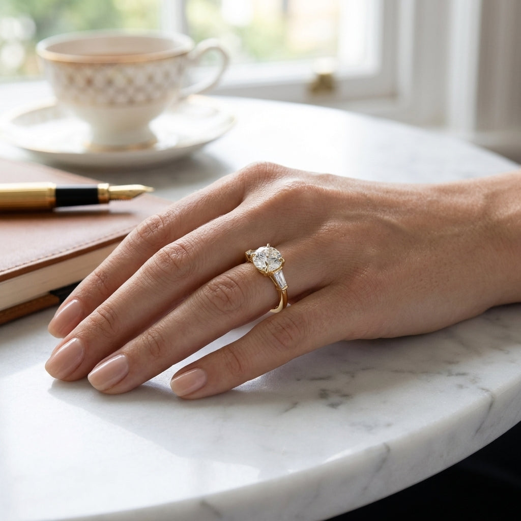 Vela – 2 Carat Round Three Stone Tapered Baguette