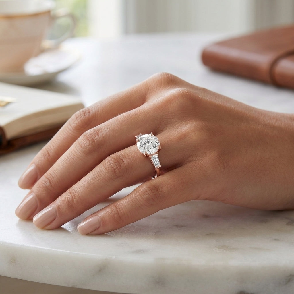 Vela – 3 Carat Round Three Stone Tapered Baguette