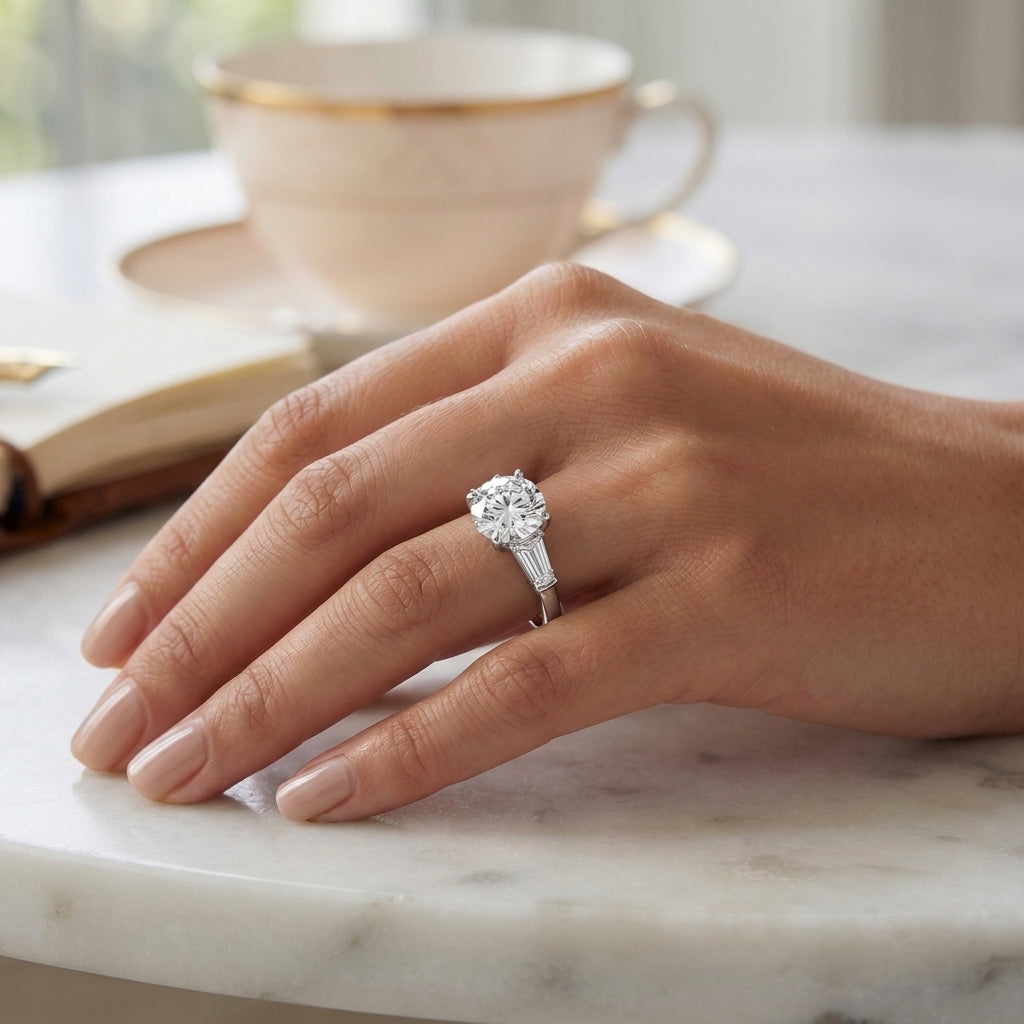 Vela – 3 Carat Round Three Stone Tapered Baguette