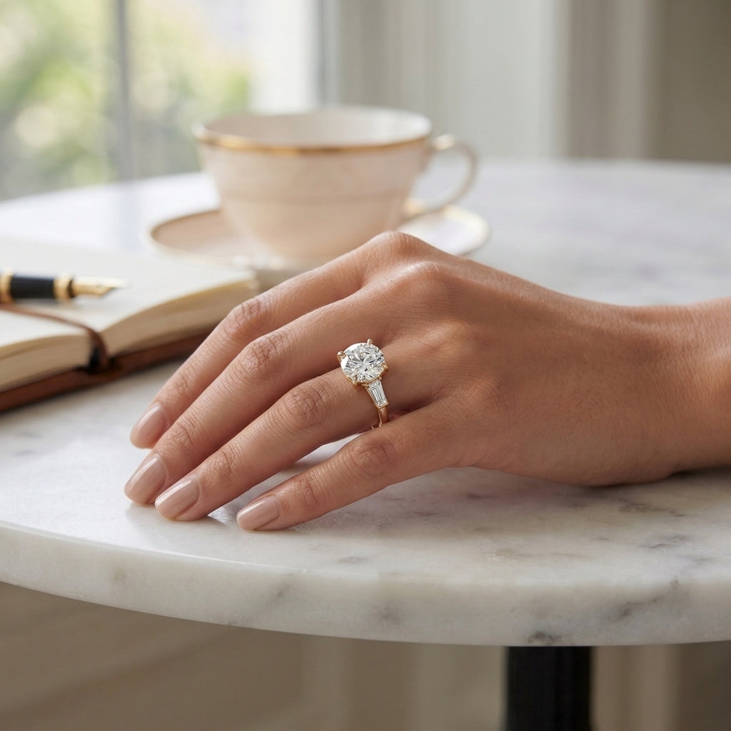 Vela – 3 Carat Round Three Stone Tapered Baguette